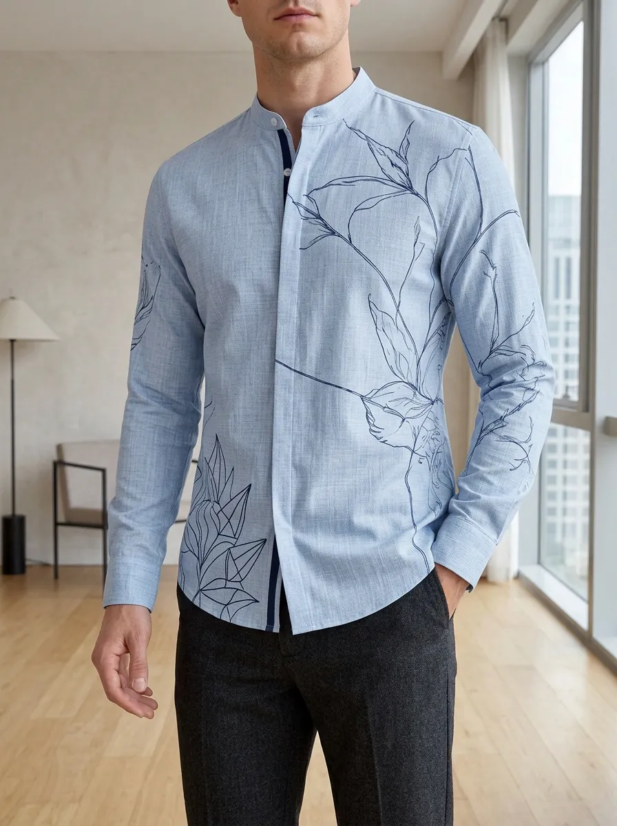 Men's Casual Floral Line Art Printed Slim Fit Mandarin Collar Shirt