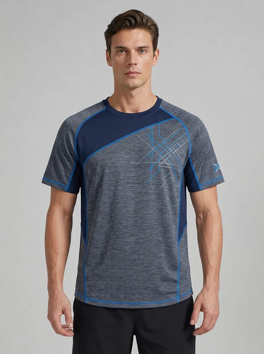 Men's Grey and Navy Geometric Print Active T-Shirt