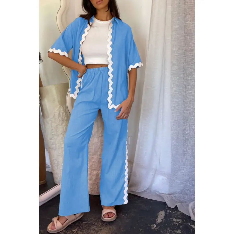 Soft Contrast Trim Half Sleeve Top and Pants Set