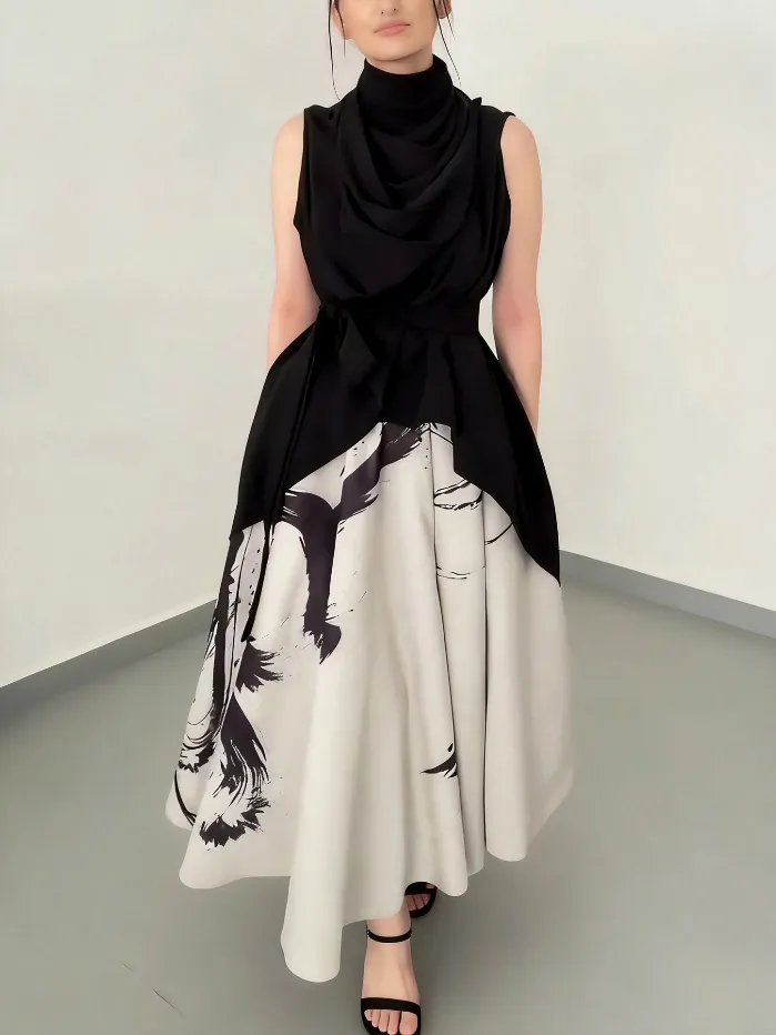 Elegant Abstract Print Draped Two Piece Midi Dress