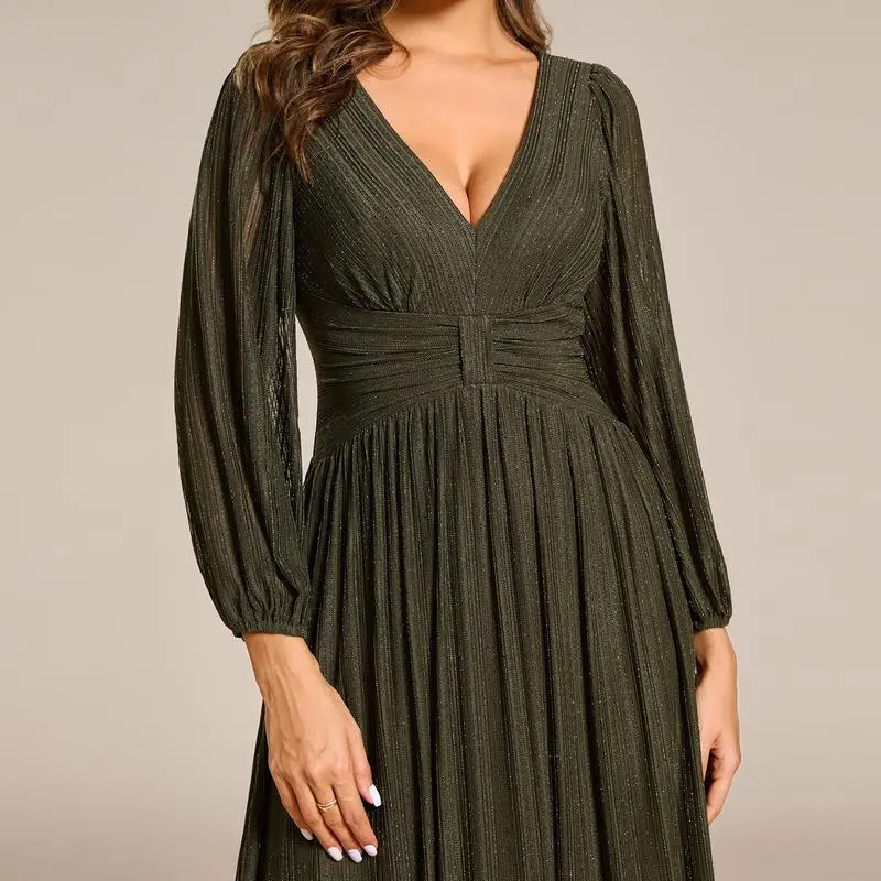 【EVER PRETTY 】curvy dress,Glittery Empire Waist A-Line Dress with Long Lantern Sleeves
