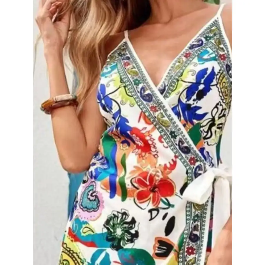 Print Spaghetti Strap Wrap Mini Dress