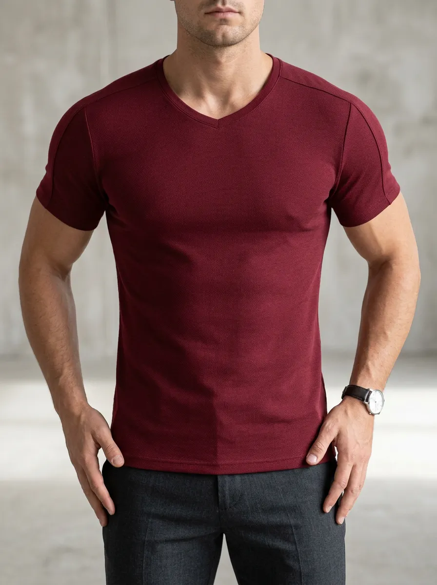 Streamlined Textured V-Neck Casual Look Men's Slim Fit Short Sleeve T-Shirt