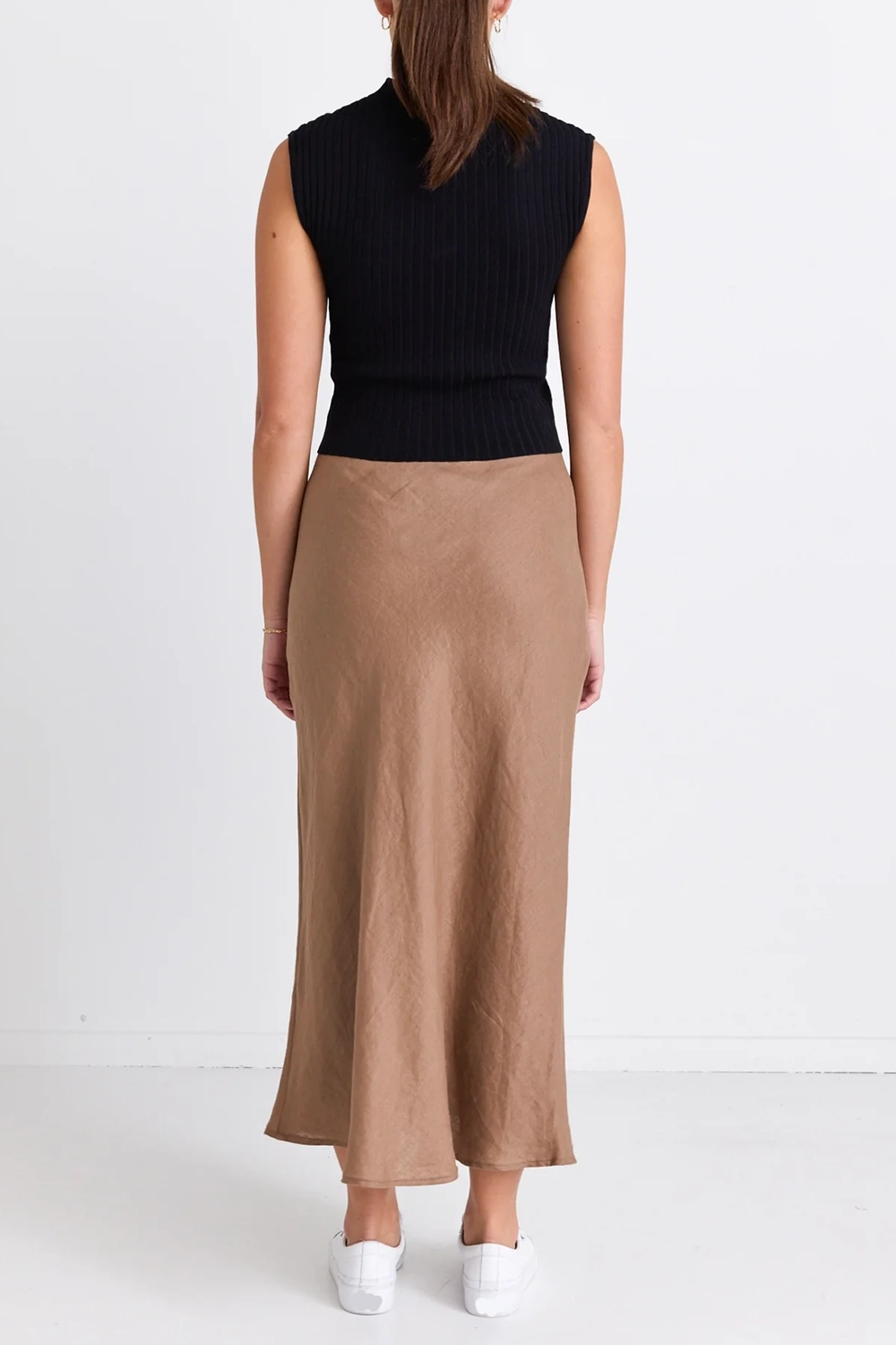 Beige Satin Slip Midi Skirt