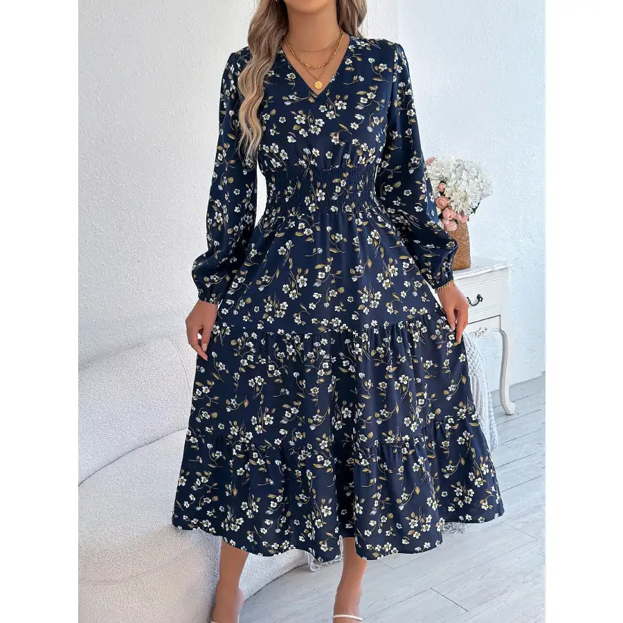 Floral Print Long Sleeve V Neck Midi Dress