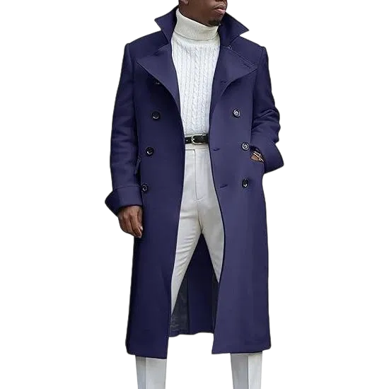 Men's Notch Lapel Double Breasted Long Trench Coat Casual Cotton Blend Peacoat