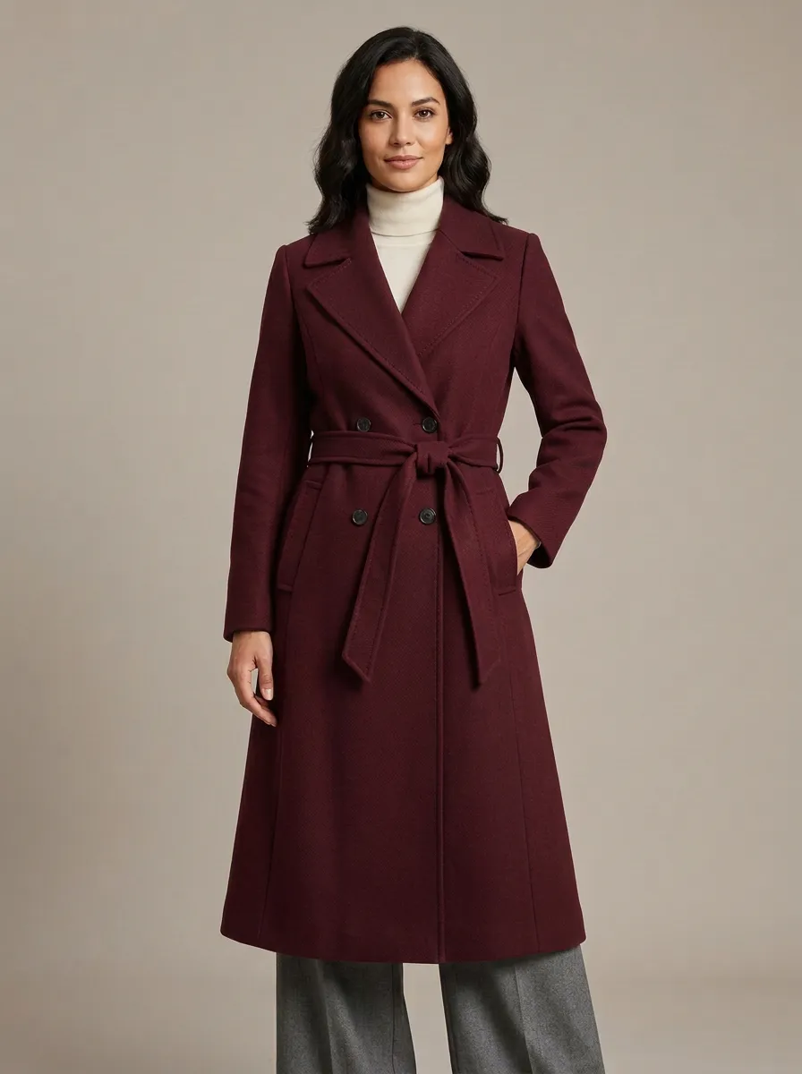 Women's Navy Blue Double-Breasted Belted Wool Blend Overcoat
