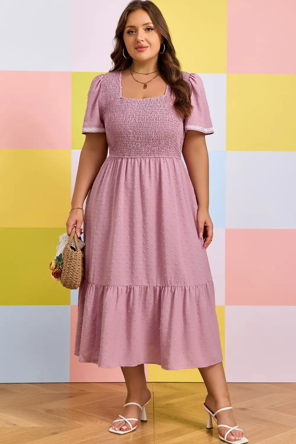 Smocked Short Sleeve High Waist Midi Dress
