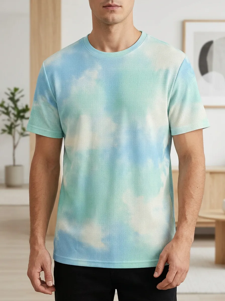 Men's Sky Tie-dye Waffle Knit Crew Neck T-Shirt
