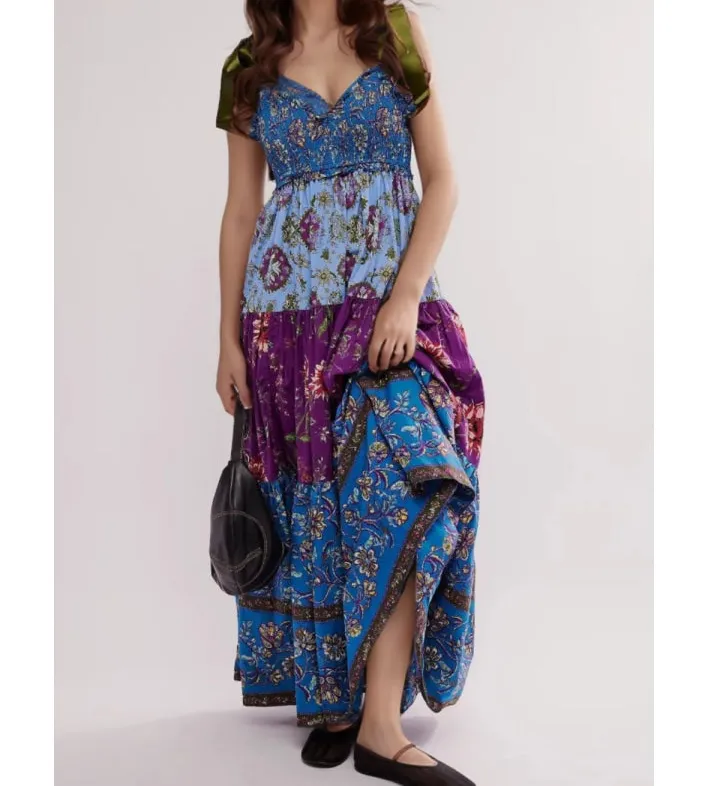Floral Tiered Maxi Dress with Mixed Print Design