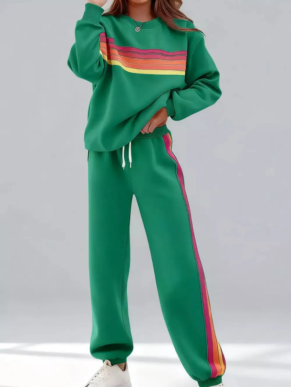 Striped Round Neck Sweatshirt and Pants Set