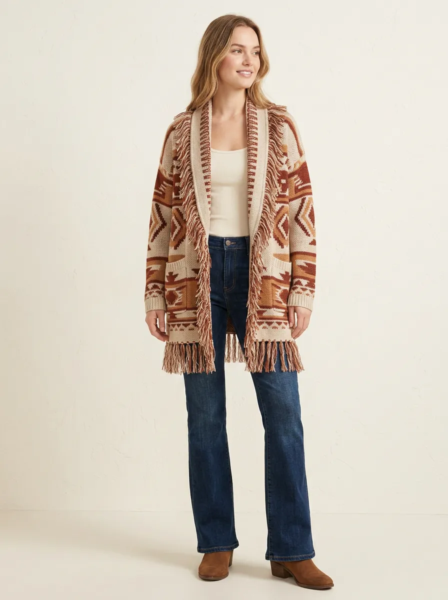 Women's Southwest Pattern Fringe Cardigan