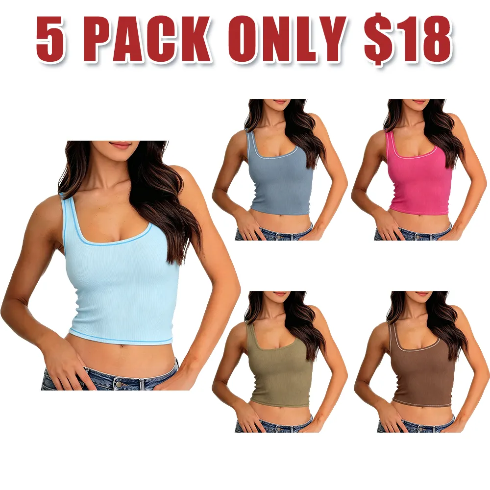 Women Rib Tank Top Padded Workout Top Square Neck Crop Tank