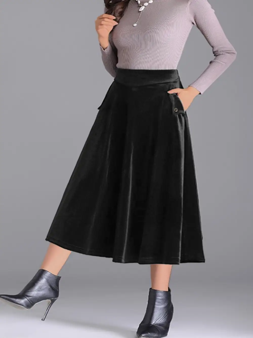 Plus Size Elegant Velvet A-line Midi Skirt