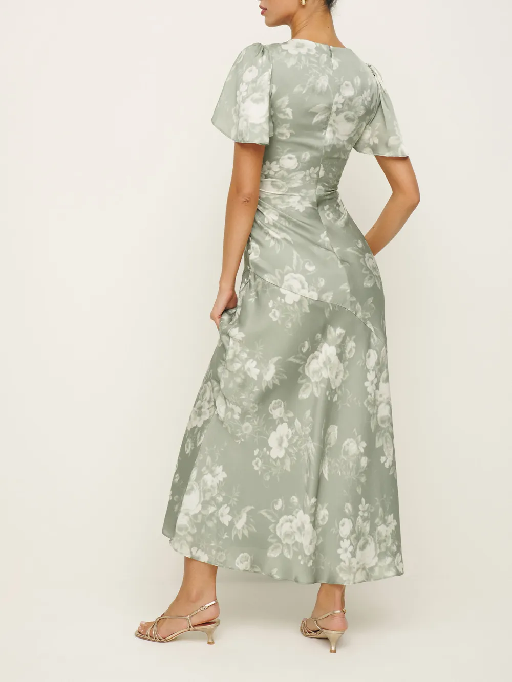 V Neck Flutter Sleeve Floral Maxi Dress