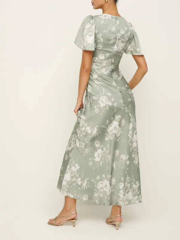 V Neck Flutter Sleeve Floral Maxi Dress