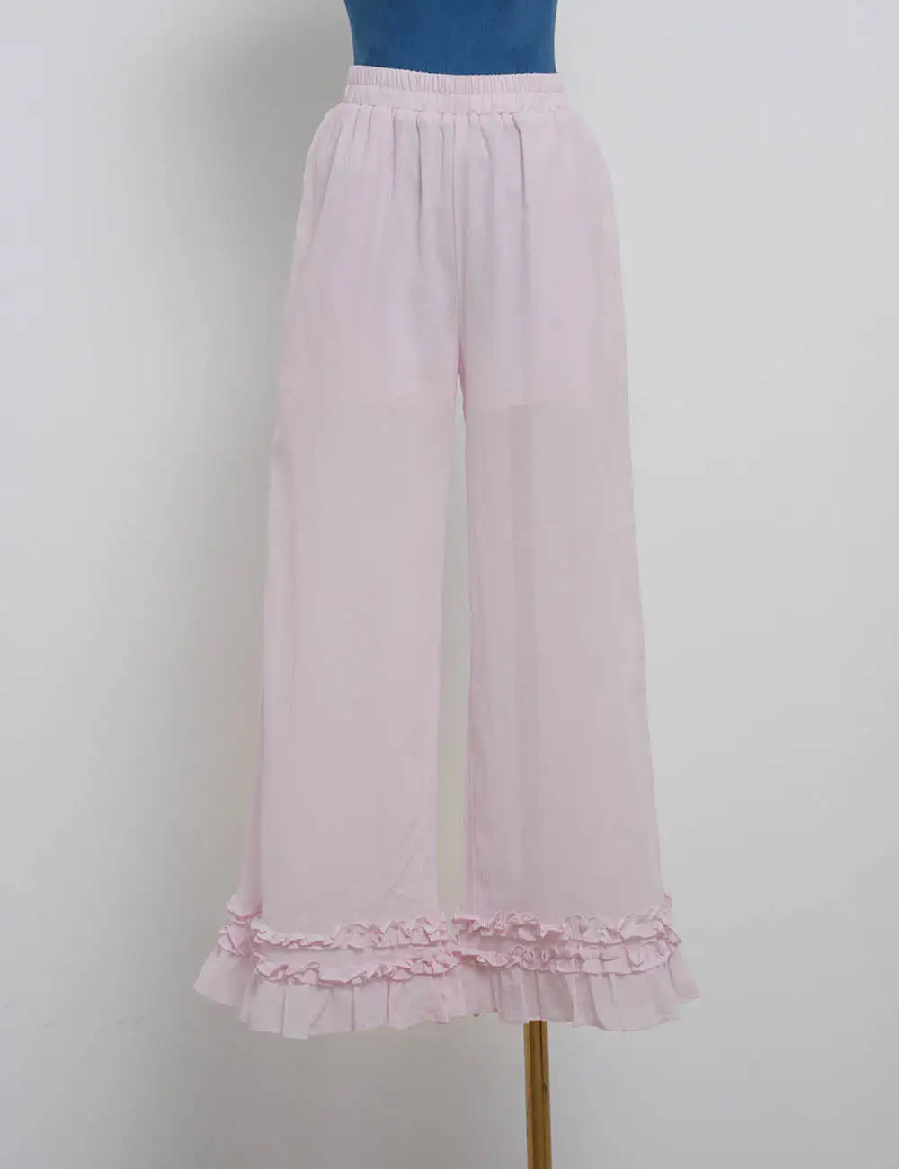 Casual Elastic Waist Ruffle Hem Wide Leg Pants