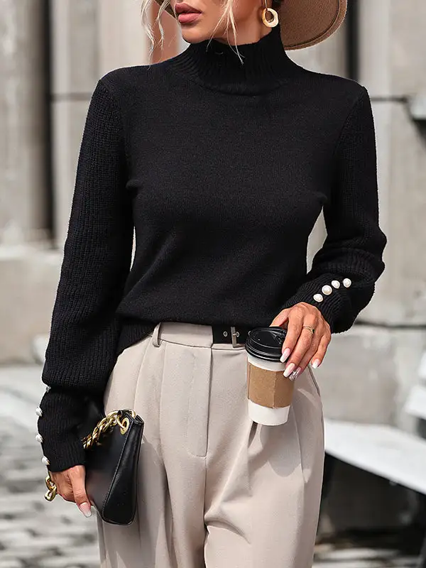 Beaded Paneled High Neck Long Sleeve Relaxed Fit Pullover Sweater