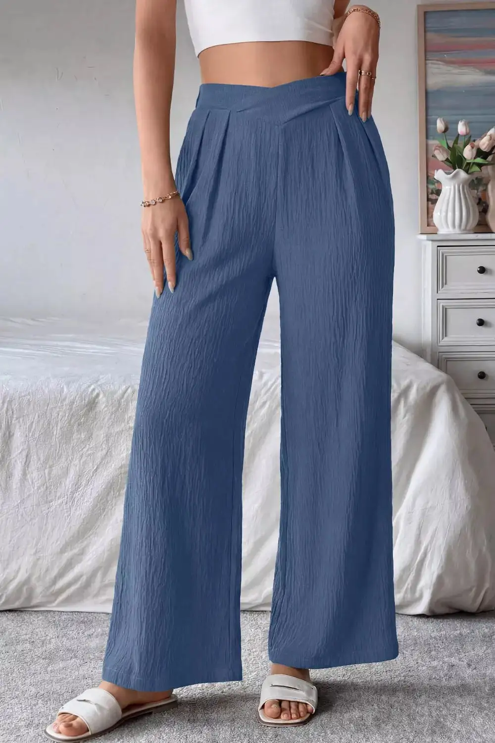 Solid Textured Crossed Waist Loose Pants
