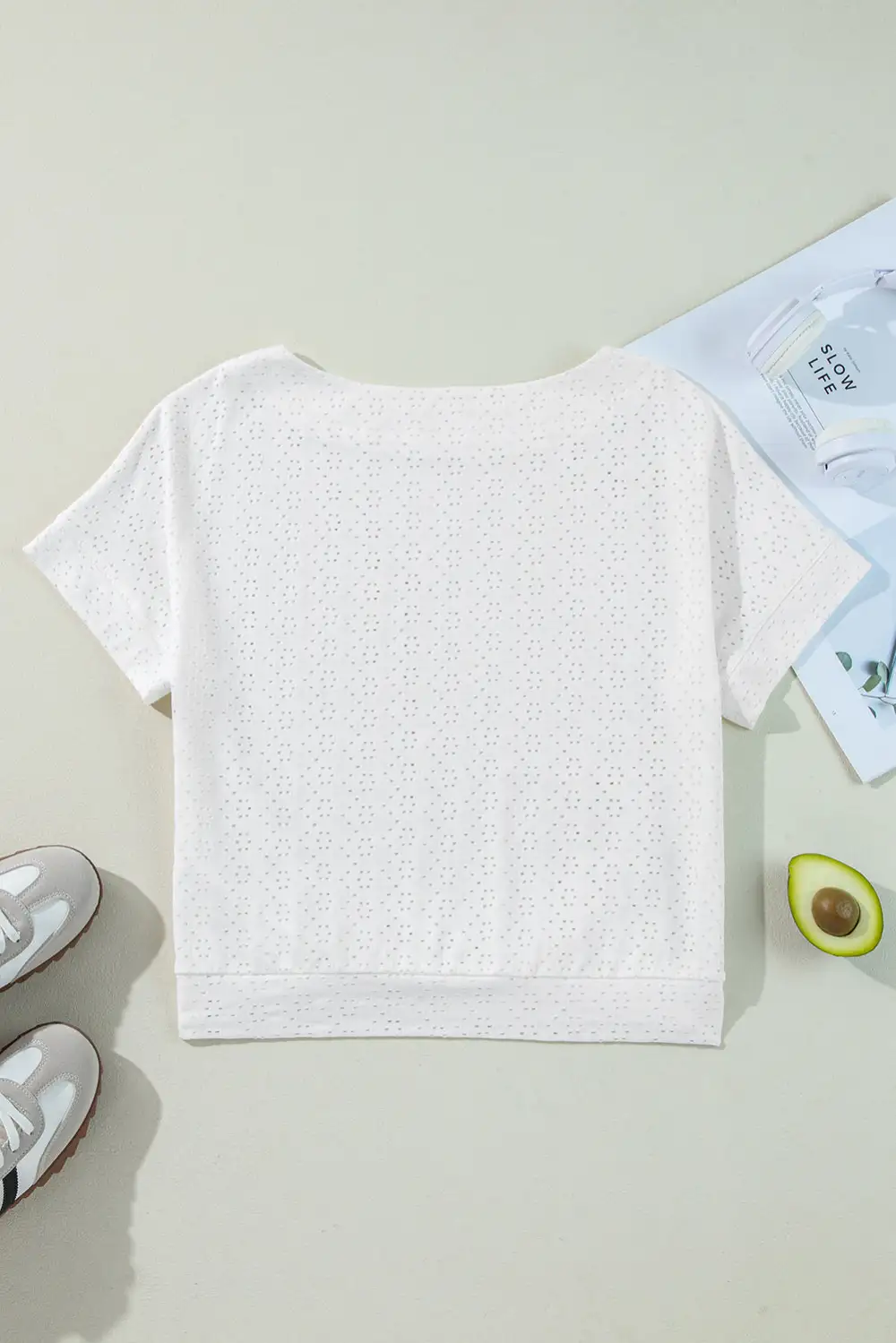 White Eyelet Pattern Boat Neck