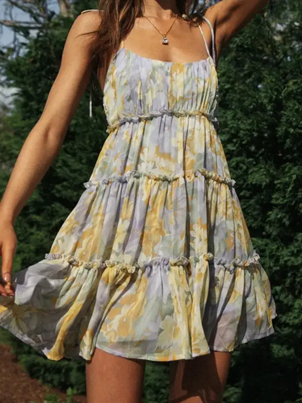 A Line Relaxed Flower Print Layered Pleated Split Joint Tied Spaghetti