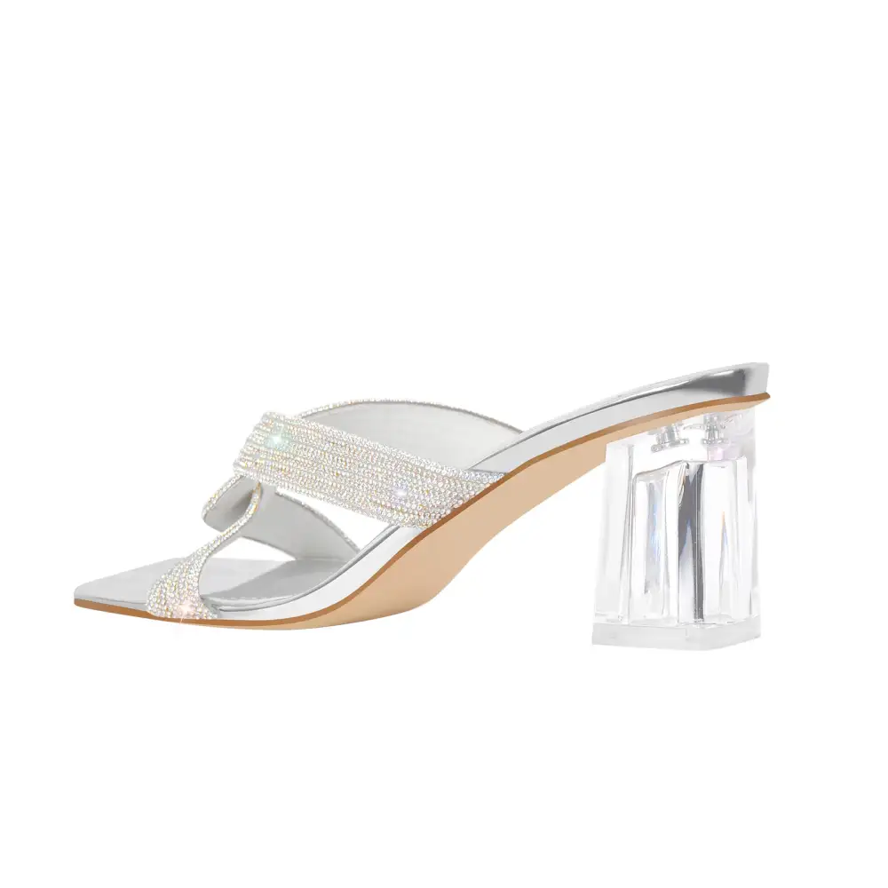 Rhinestone Strap Clear Block Mule Sandals