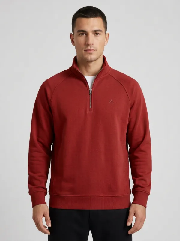 Men's Refined Minimalist Textured Raglan Embroidered Emblem Quarter-Zip Sweatshirt