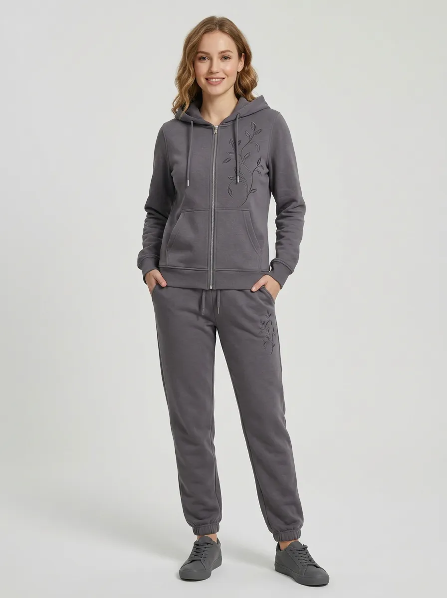 Women's Charcoal Kangaroo Pocket Zip-Up Hoodie Jacket & Jogger Set