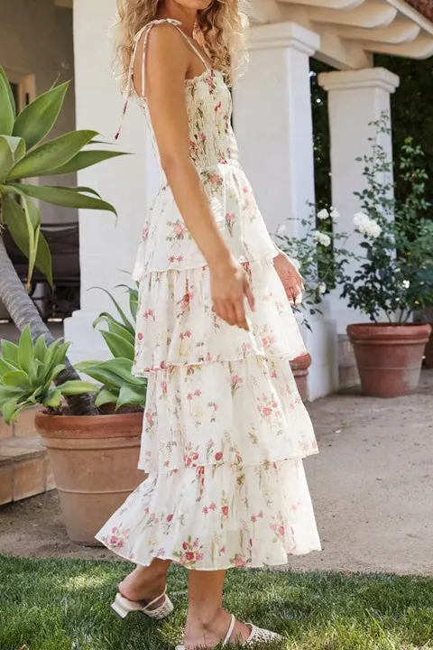 White Floral Tiered Ruffle Maxi Dress