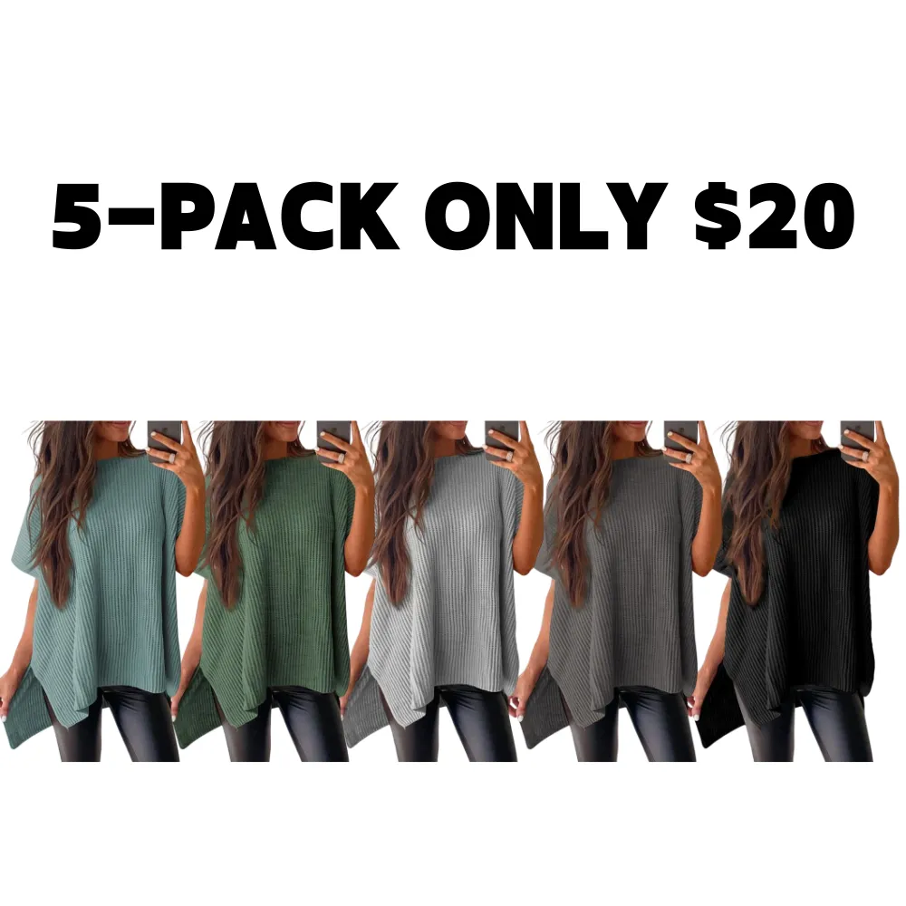 2025 Fall Clothing Women's Oversized Knit Top, Casual Crew Neck Drop Shoulder Loose Fit Short Sleeve Pullover Sweater with Side Slit