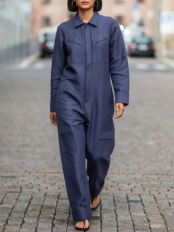 Lange Mouwen Losse Effen Kleur Rits Revers Jumpsuits