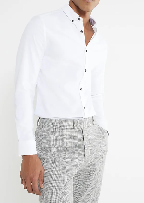 Men's White Long Sleeve Textured Slim Fit Shirt