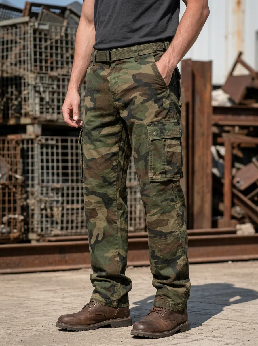 Men's Woodland Camo Flap Pocket Straight Leg Cargo Pants