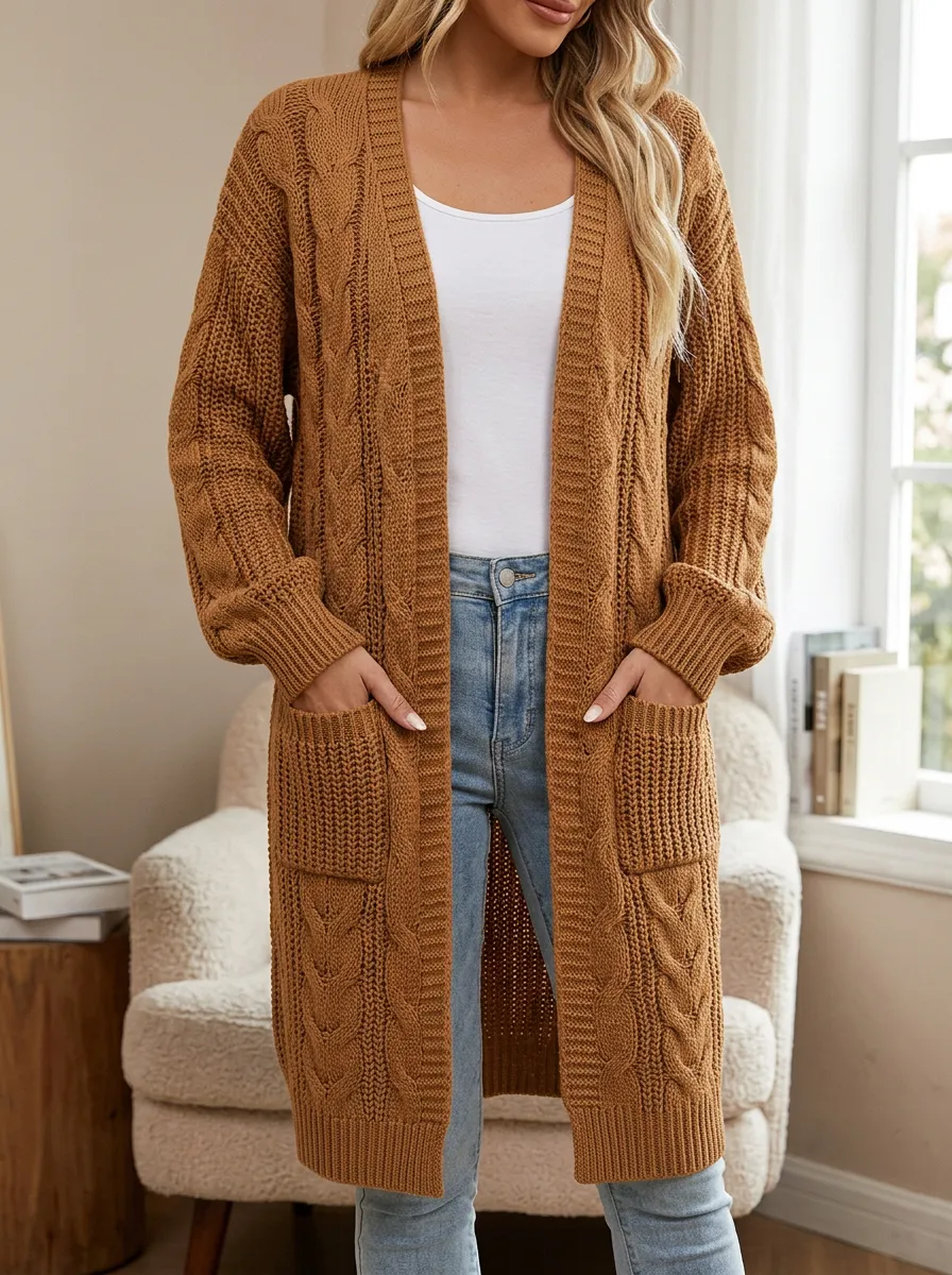Women's Fall Cable Knit Open-Front Open- Design No Closures Long Cardigan