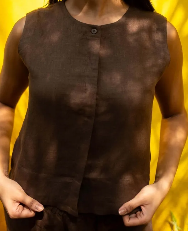 Brown Linen Sleeveless Shirt