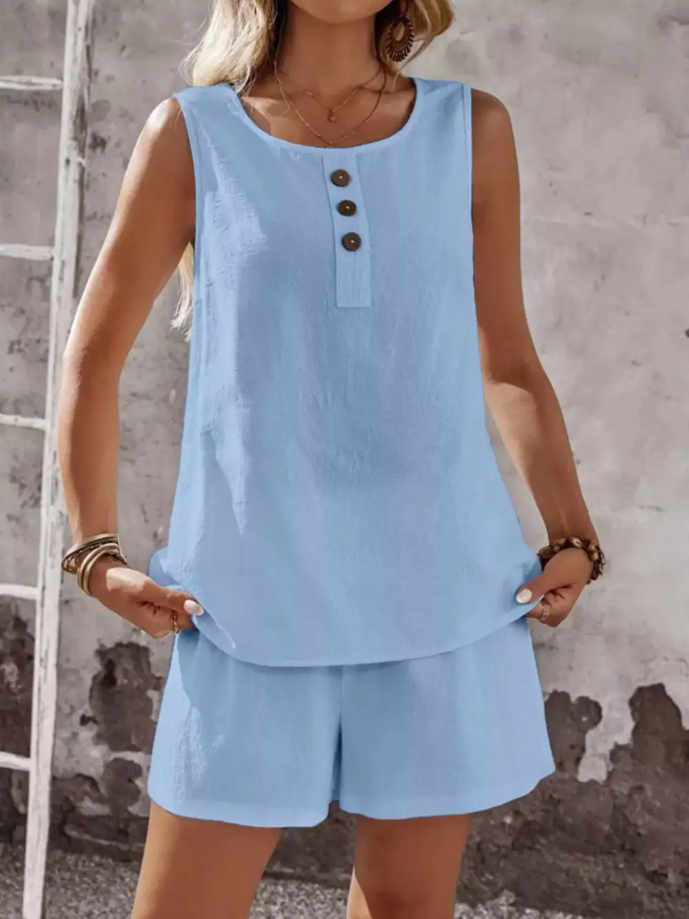 Decor Button Round Neck Tank and Shorts Set