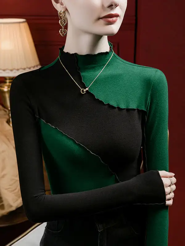 Long Sleeve Curve Fit Contrast Ruffle Trim Panel Detail Mock Neck T-Shirt