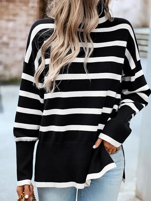 Striped Split Hem High Neck Long Sleeve Relaxed Fit Pullover Sweater