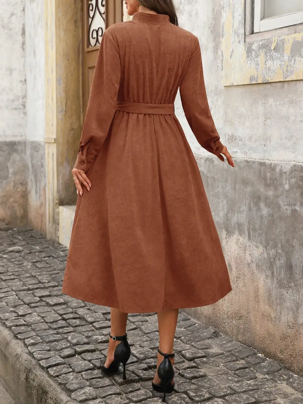 Button Front Tie Waist Long Sleeve Midi Dress
