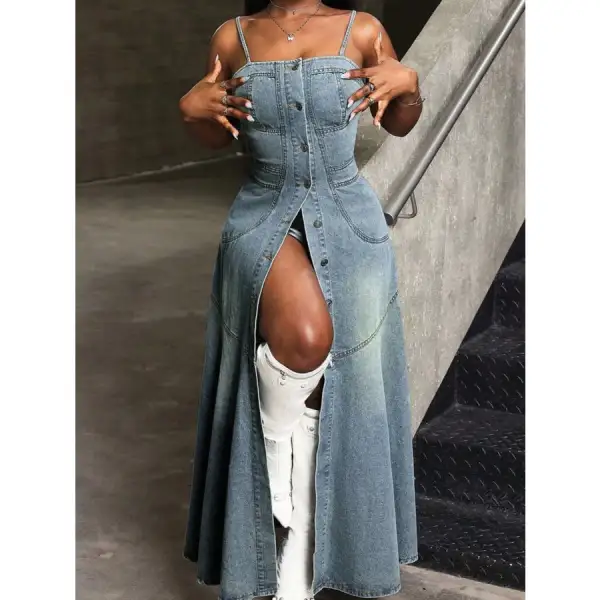 Smocked Button Front Denim Cami Dress