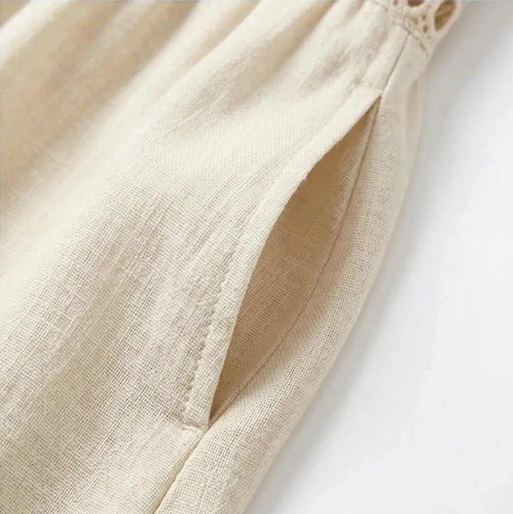 Lace Trim Linen Blend Cotton Blend Midi Dress