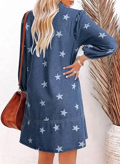 Women Fashion Fall Casual Babydoll 2025 V Neck 3/4 Puff Sleeve Jean Dresses