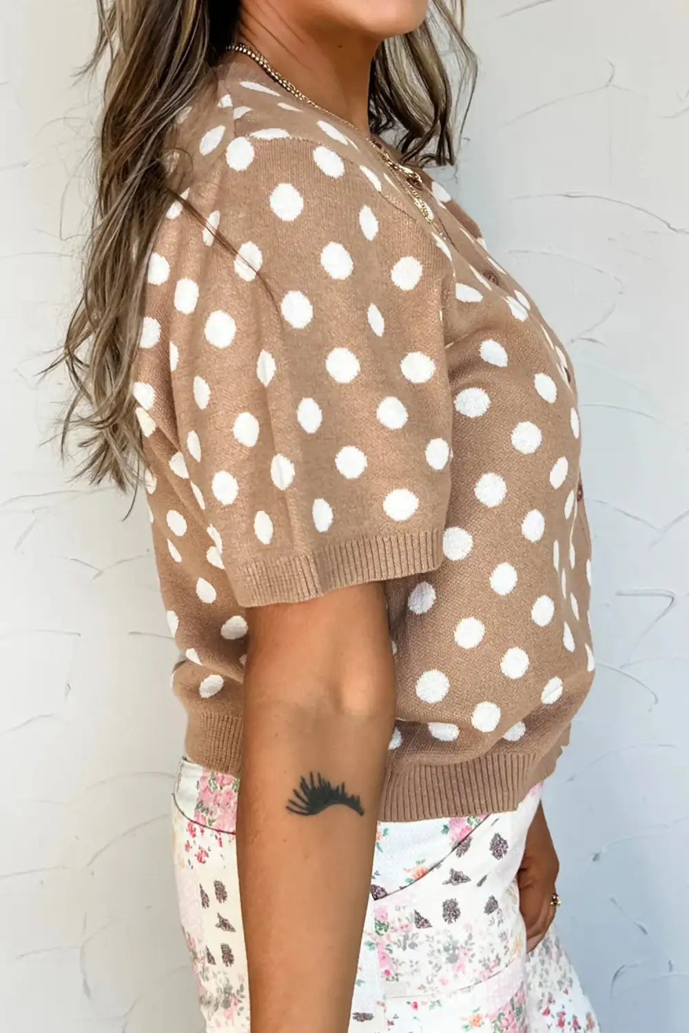 Polka Dot Short Sleeve Button Front Cardigan