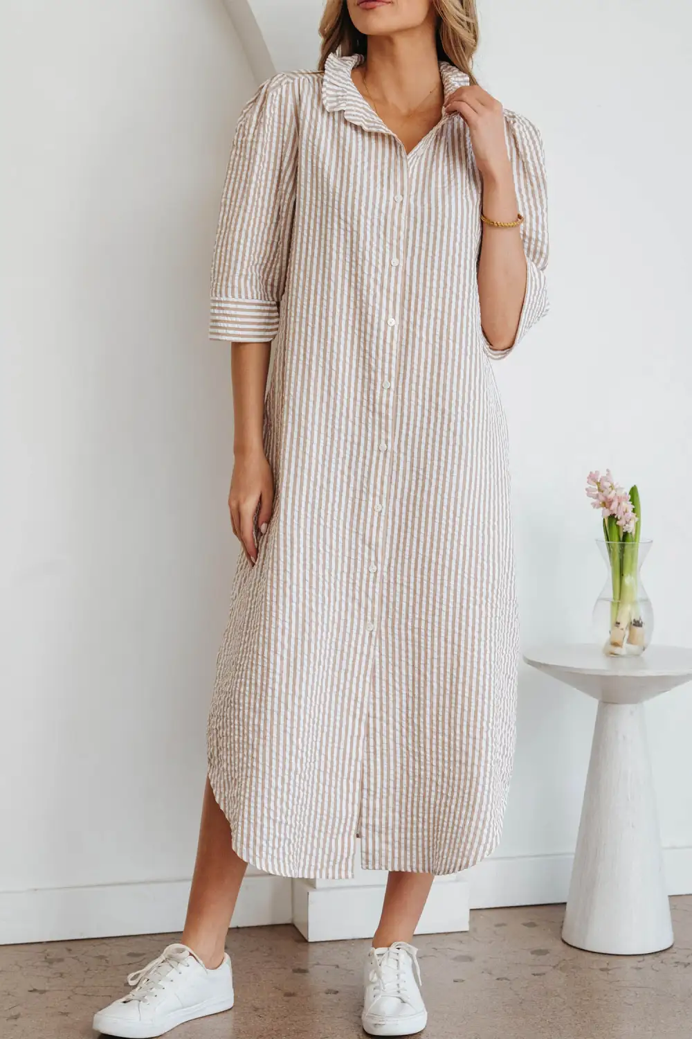 Striped Ruffle Short Sleeve Maxi Dress