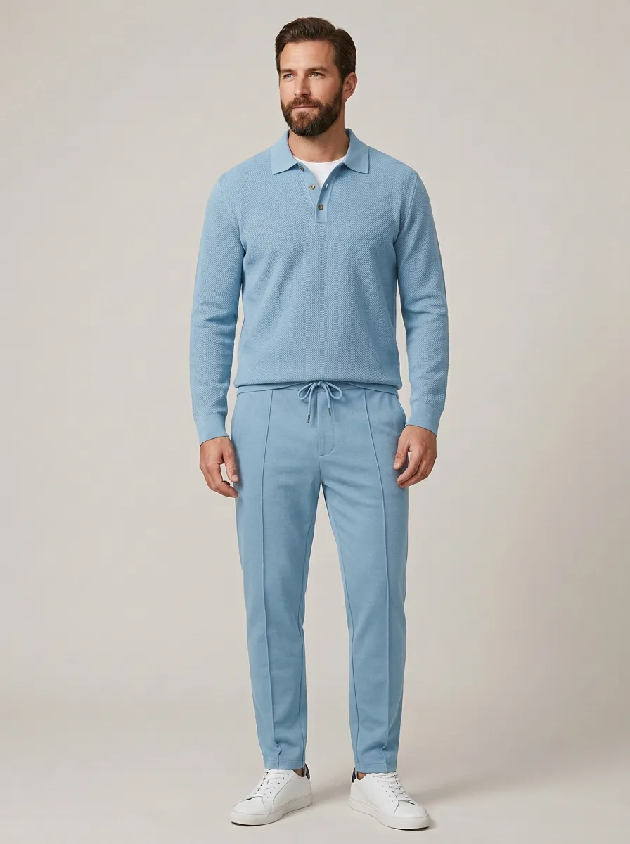 Men's Everyday Textured Minimal Polo Collar Jacket and Jogger Pants Set