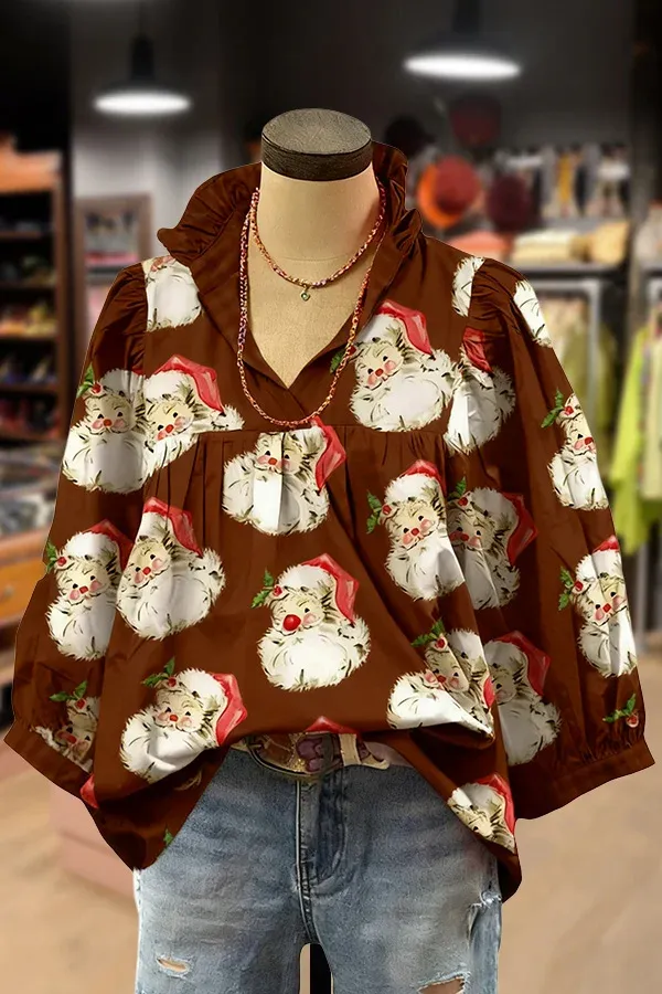 Christmas Santa Print Ruffle V-Neck Blouse
