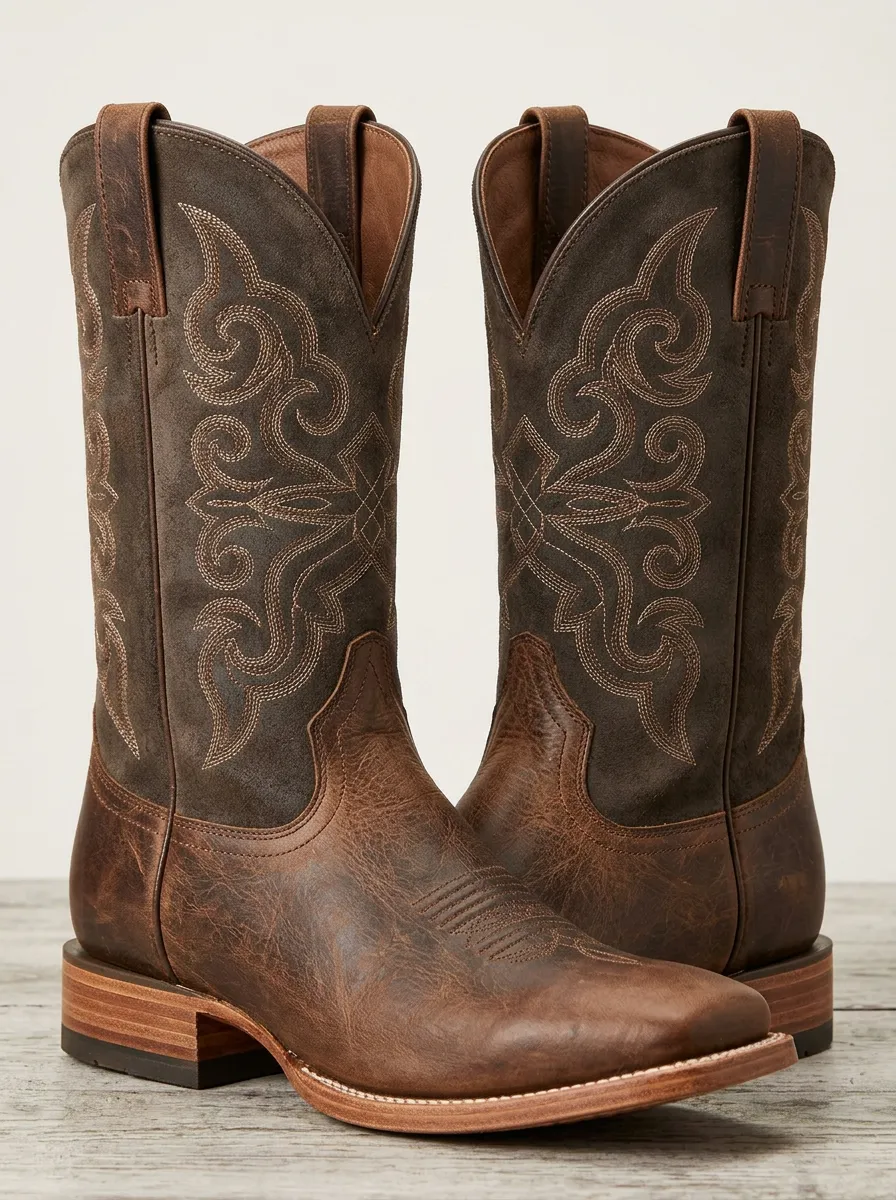Men's Western Cowboy Embroidered Suede Leather Printed Boots