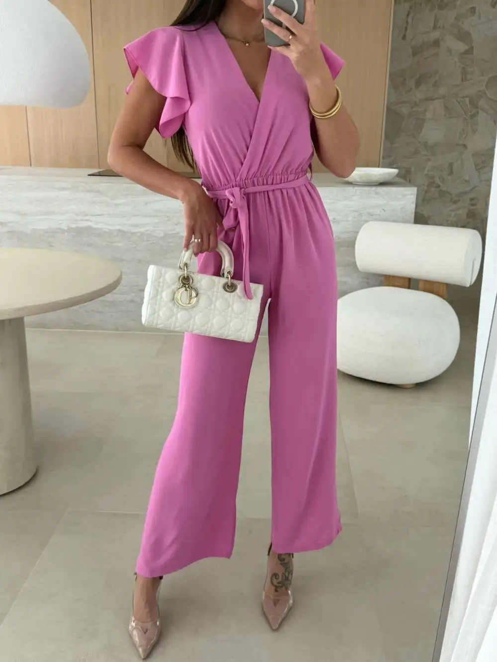 Surplice Wide Leg Belted Jumpsuit Pants