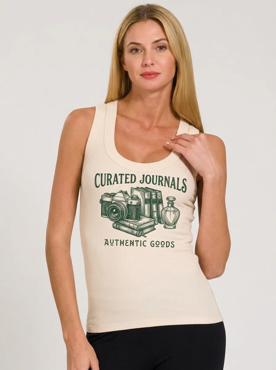 Women's Vintage Aesthetic Camera Books Printed Ribbed Tank Top