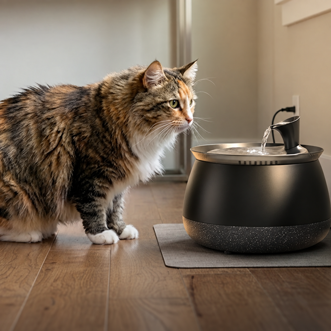 Compact black water fountain arranged in an indoor pet drinking area